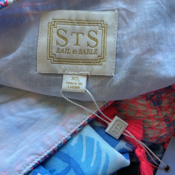 Sail to Sable Blue Banana Leaf Print Maxi Dress Blue White Tassel Vneck XS NEW - Picture 7 of 8